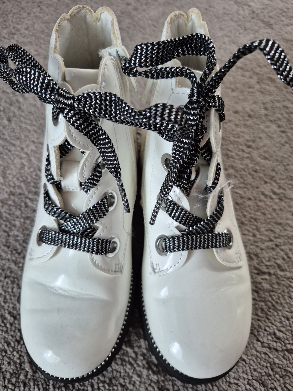 Kids White Patent Lace-Up Boots with Black Accent Laces